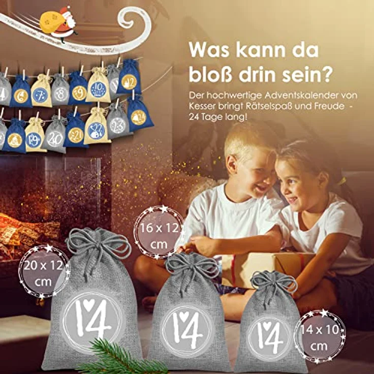 KESSER® Adventskalender zum Befüllen 24 Jutebeutel Gedruckte Stoffbeutel Kinder Weihnachtskalender zum Selber Befüllen Inkl. 24x Schildchen + 1 Großer Aufbewahrungsbeutel Stoff Blau, 16x12cm – Bild 6