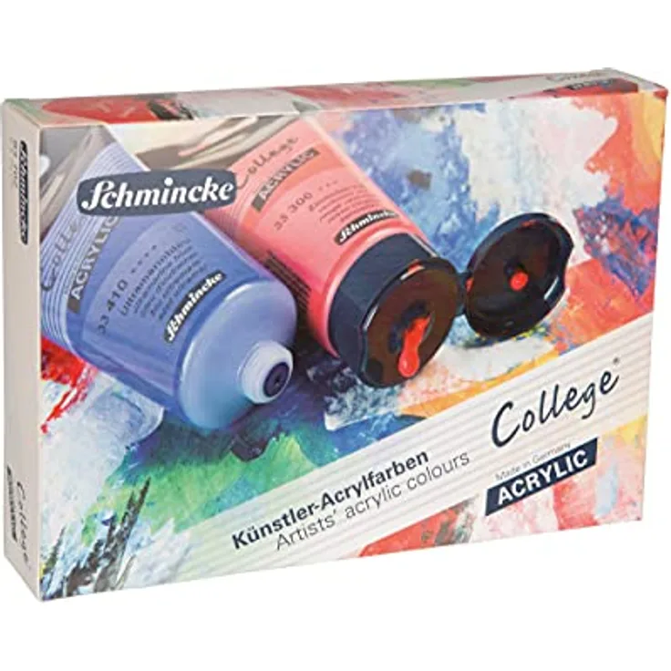 Schmincke College Acrylic, Acrylfarbenset mit 5 x 75 ml Tuben, seidenmatt und lichtecht, Grundsortiment in Weiß, Zitronengelb, Zinnoberrot, Ultramarinblau, Schwarz