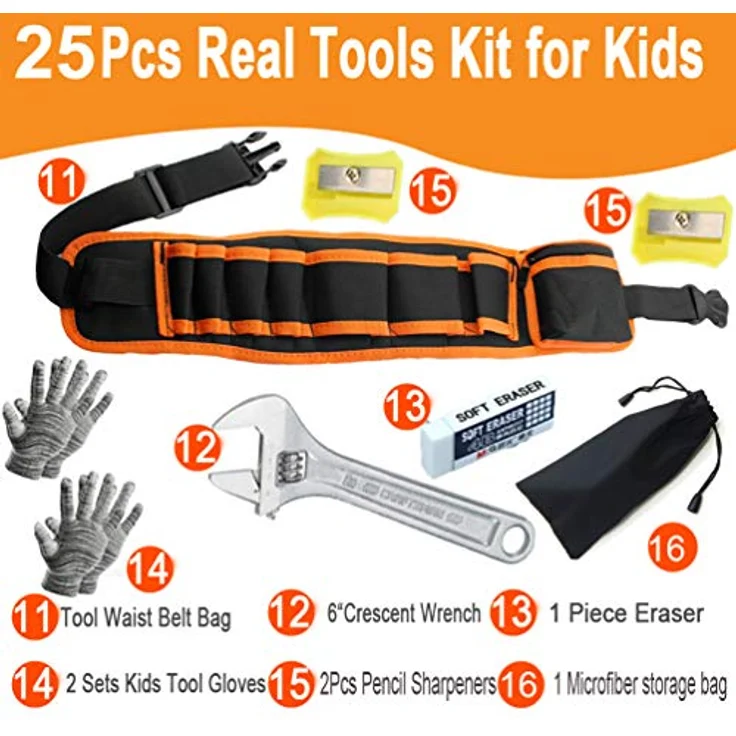 QeeHeng Kinder-Werkzeug-Set, 25-teiliges echtes Handwerkzeug für junge Bauarbeiter, inkl. Gürtel und Hammer, ideal für Anfänger und DIY-Projekte, mit Sicherheitsbrille und Werkzeugtasche – Bild 4