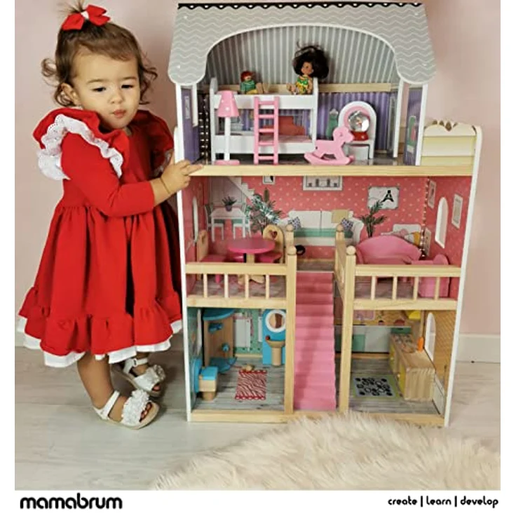 mamabrum Großes HOLZPUPPENHAUS (MDF) mit LED-Beleuchtung, Pastellfarben, 3 Etagen, 15 Möbelstücke | Geschenk für EIN Mädchen, ab 3 Jahre – Bild 5