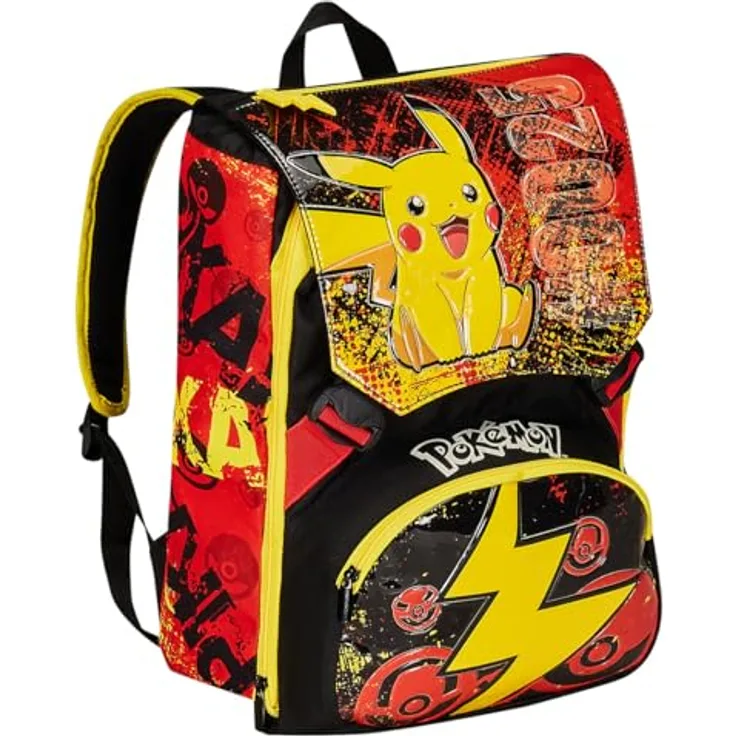 Seven Erweiterbarer Schulrucksack POKEMON – PIKACHU, Gelb Rot – Kinderrucksack mit Trinkflaschenhalter, mehrfarbig, Rucksack Backpacks