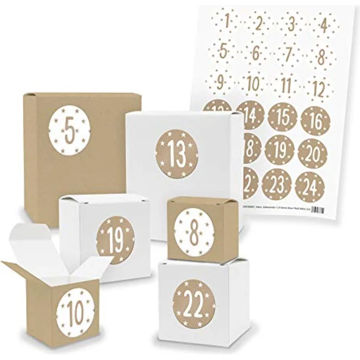 itenga Adventskalender Bastel-Set I 24 Geschenkboxen Würfel aus Karton Braun Weiß 1-24 Sterne Aufkleber