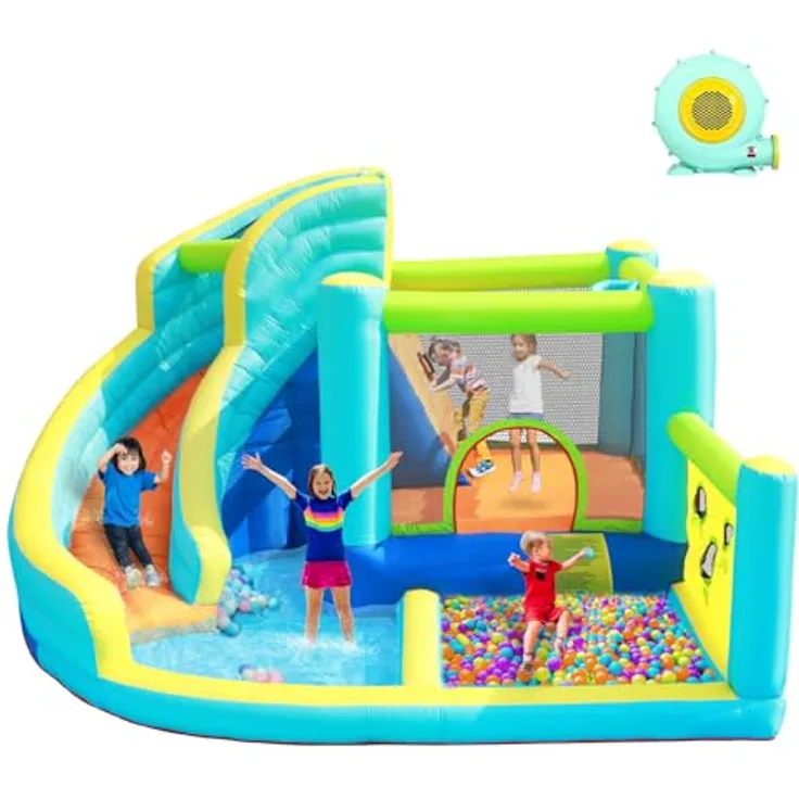 FBSPORT Hüpfburg, 6-in-1 Wasserspielcenter mit Gebläse, Trocken/Wasserrutsche, Planschbecken, Kletterwand und Basketballkorb, geeignet für bis zu 5 Kinder/180 kg, für Indoor & Outdoor
