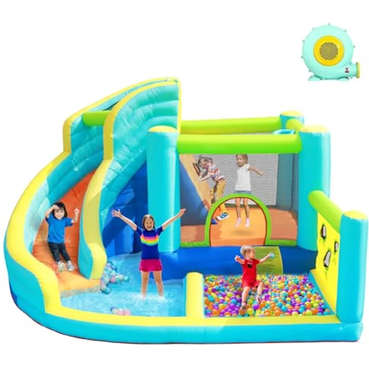 FBSPORT Hüpfburg, 6-in-1 Wasserspielcenter mit Gebläse, Trocken/Wasserrutsche, Planschbecken, Kletterwand und Basketballkorb, geeignet für bis zu 5 Kinder/180 kg, für Indoor & Outdoor – Bild 1