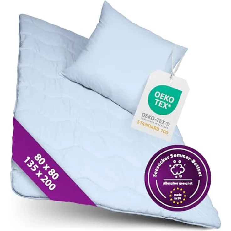 AddLiving Seerzucker 2in1 Bettenset blau, Steppbettdecke 135x200 & Kopfkissen 80x80, atmungsaktiv & waschbar, Öko-Tex 100 zertifiziert, ideal für Kinder – Bild 1