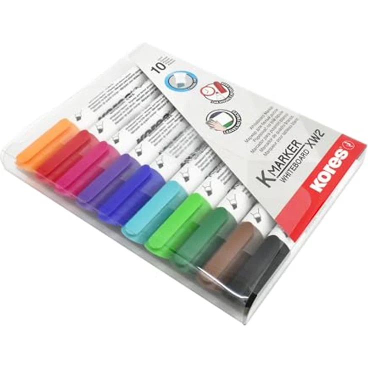 KORES Whiteboard Marker M20801, 10er Set mit 3-5mm Keilspitze, schnell trocknende Tinte, schwarz, blau, rot, grün, pink, violett, türkis, braun, hellgrün, orange – Bild 3