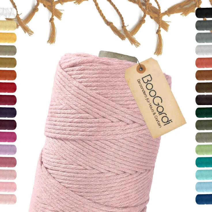 BooGardi Makramee Garn Bastelgarn, 3mm x 200m 100% Baumwolle, Lachs 2 Stärken Macramee Kordel Band