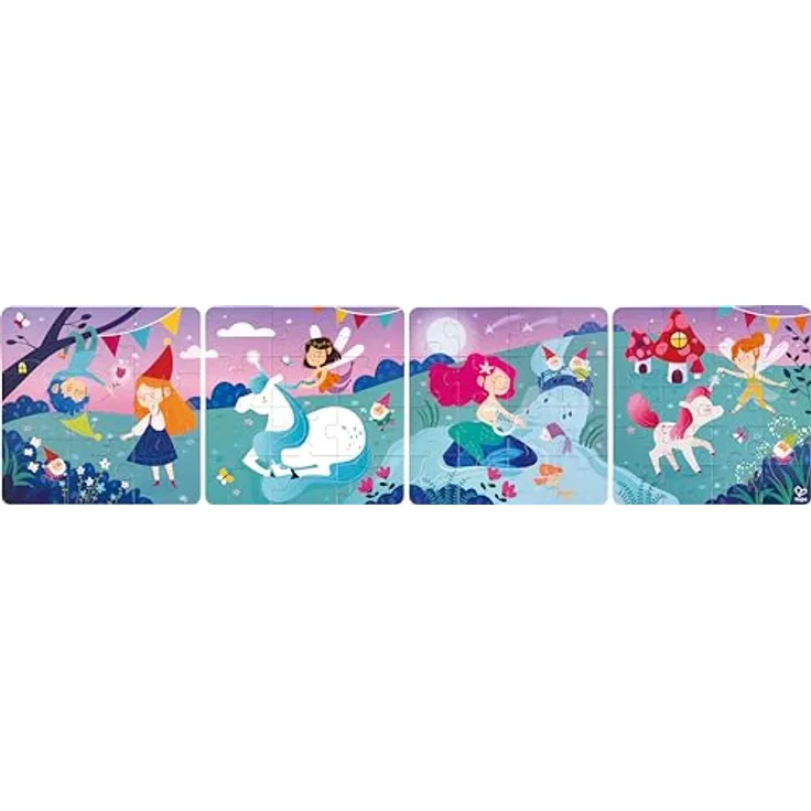 Hape E1640 Puzzle, Mehrfarbig - Multi-Pack-Puzzle mit 4 verschiedenen Teileanzahlen und Erzählplättchen
