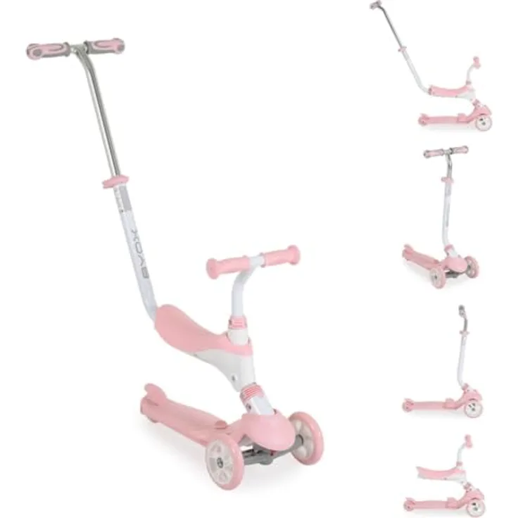 Byox Kinderroller Tristar 3 in 1, Roller-Rutscher mit Schiebestange und ABEC-5 PU-Rädern, rosa-weiß