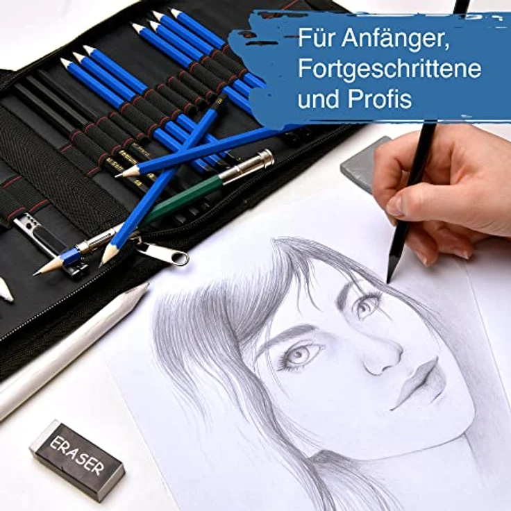 Artina 33tlg Bleistifte Set Bari - Zeichenset Zeichenstifte mit 12 Bleistiften, 3 Kohlestiften, 1 Graphitstift - Skizzierstifte Set mit viel Zubehör & Tasche - Bleistifte Set zum Zeichnen – Bild 3