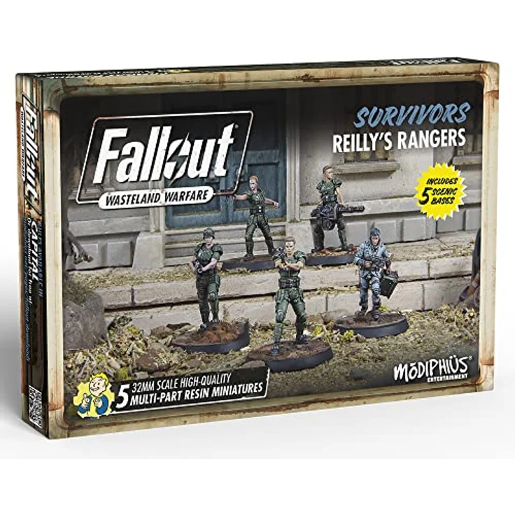Modiphius Fallout: Wasteland Warfare - Survivors - Reilly's Rangers, 5 Resin Miniaturen mit 32mm und 30mm Scenic Bases, unbemalt – Bild 1