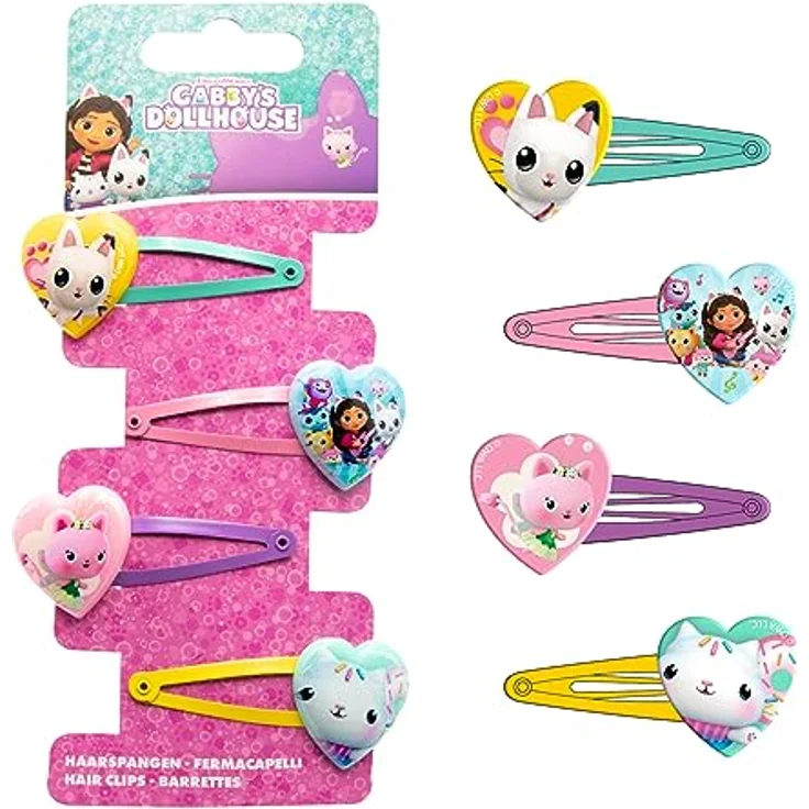 Joytoy Gabby's Dollhouse Haarspangen, 4 Stück herzförmig auf Backcard, mit coolen Motiven, 5x15 cm – Bild 1