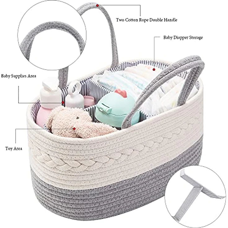 YeaYee Baby Windel Caddy Organizer, multifunktionale Aufbewahrungsbox aus 100% Baumwoll-Leinen mit wechselbaren Fächern, farblich neutral, 36,1 x 22,1 x 18 cm, ideal als Babyparty-Geschenk – Bild 2