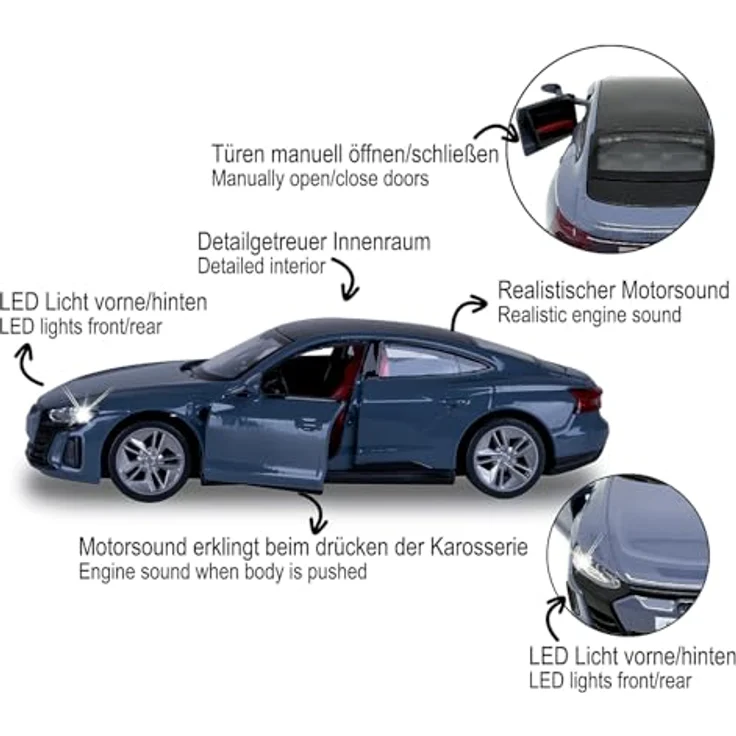 JAMARA 402606 Audi RS e-tron GT, Diecast 1:36 Modellauto mit LED-Lichtern, manuell öffnenden Türen und Motorsound, inklusive Knopfzellen, Spielzeug für Kinder – Bild 4