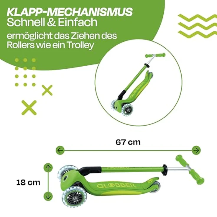 Globber Primo Foldable Plus Light - 3 Wheels Scooter, Lime Grün - Stabiler Kinderroller, leicht zu transportieren – Bild 3