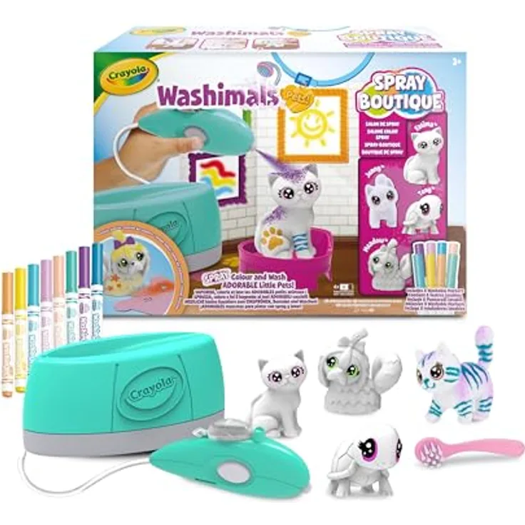 Crayola Washimals Spray Boutique, Brettspiel mit 4 individuell gestaltbaren Haustierfiguren und 8 kinderfreundlichen Markern