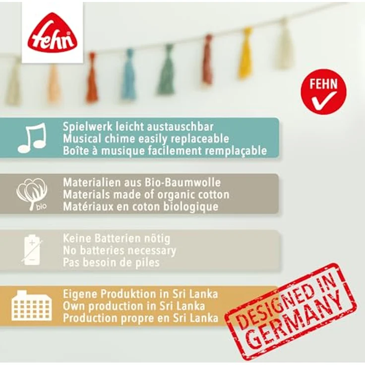 Fehn Spieluhr fehnNATUR, Mini-Spieluhr Schaf mit Bio-Baumwolle, Melodie „Brahms Wiegenlied“ – Bild 6