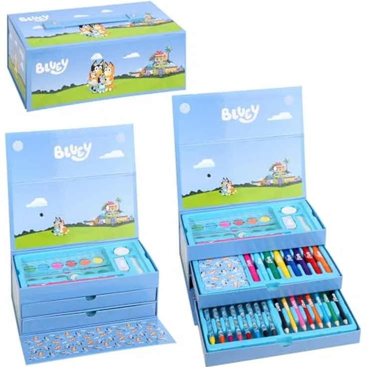 Bluey Farbkasten Mal- & Schreibwaren Set, Farbenfrohes Pastellfarben Koffer mit Buntstiften, Filzstiften und Wasserfarben