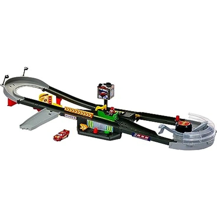 Mattel Disney Pixar Cars Piston Cup Action, Interaktive Rennstrecke mit aufziehbarem Beschleuniger und Siegertreppchen, für Kinder ab 4 Jahren