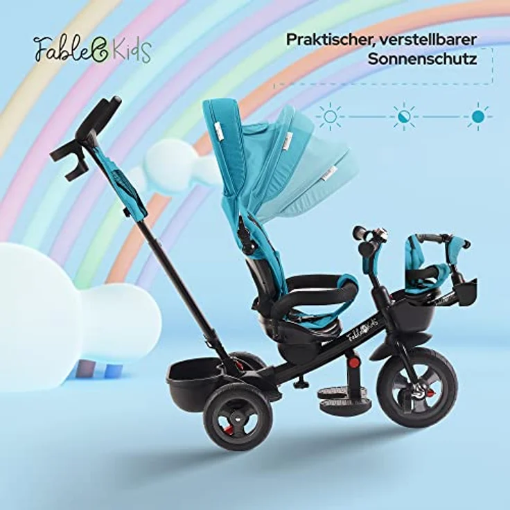 FableKids 5in1 Dreirad Noemi mit Schubstange ab 18 Monate bis 25kg, Vorwärts und Rückwärtsfahrt, PU-Reifen, Freilauf geräumiger, Korb, Tasche, Getränkehalter - Türkis – Bild 5
