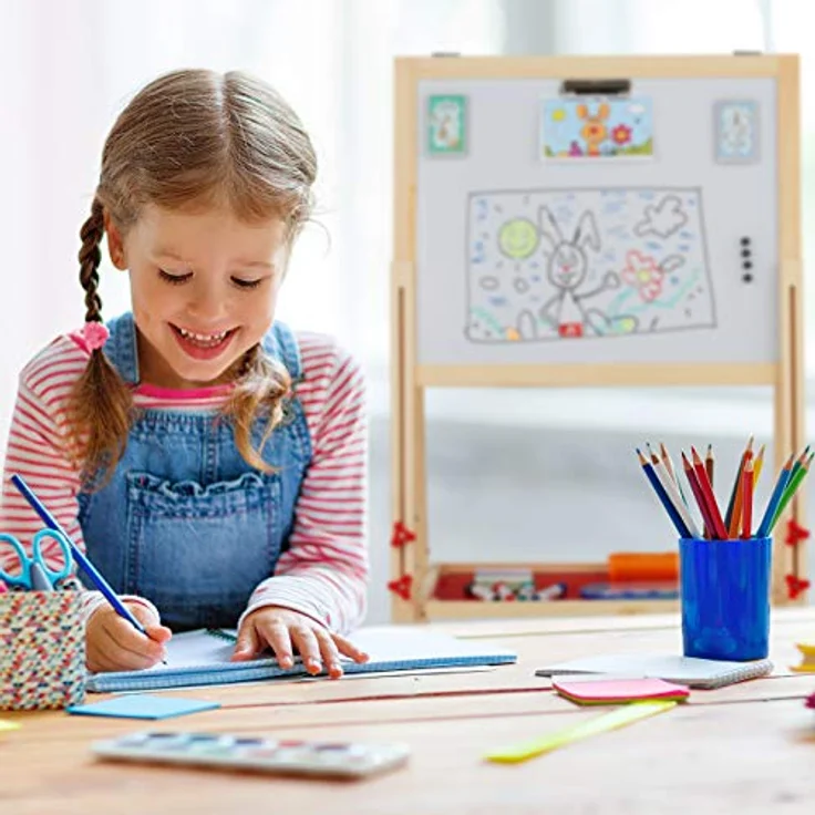 Relaxdays Standtafel Kinder, höhenverstellbar, doppelseitig mit Whiteboard und Grüntafel, rot – Bild 2