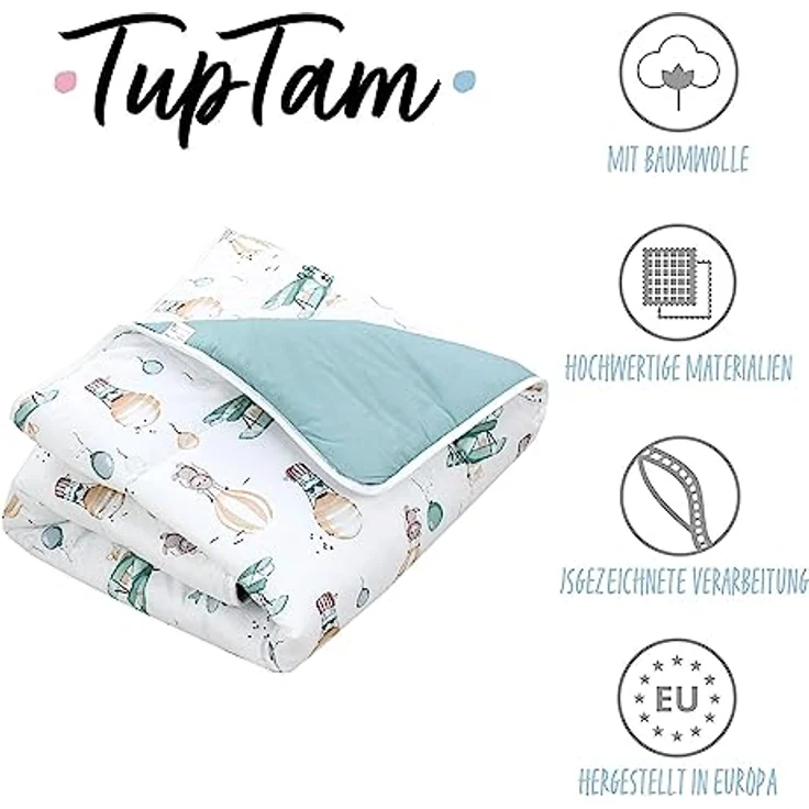 TupTam Krabbeldecke 120x120 cm - Gepolsterte Spieldecke aus 100% Baumwolle, XXL, OEKO-TEX, Weich & Hautfreundlich, Farbe: Füchse/Flugzeuge/Ballons/Grün – Bild 2