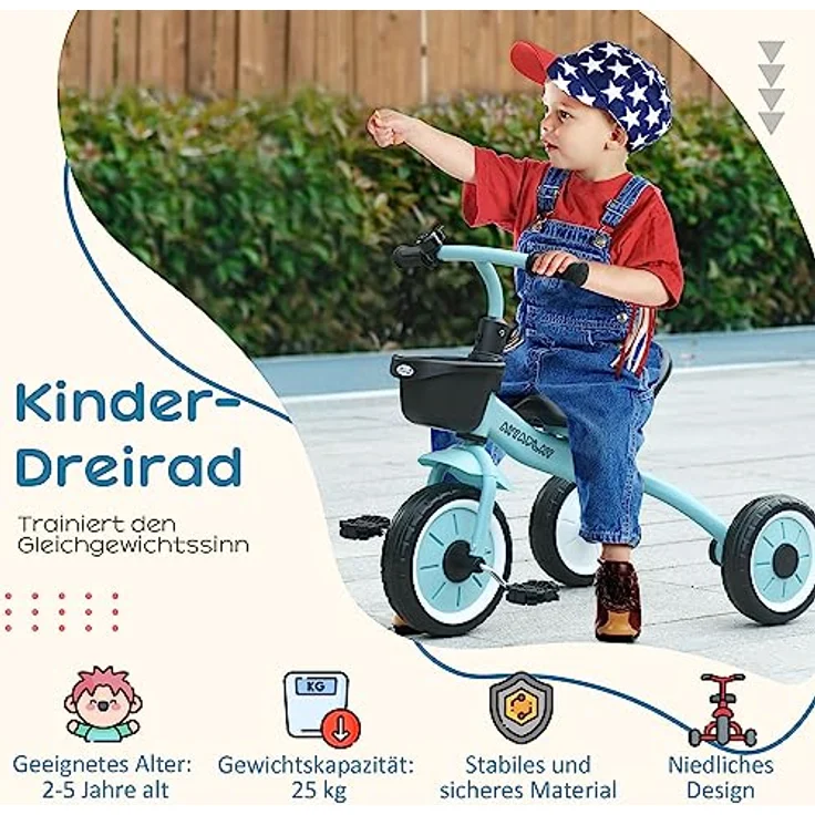 AIYAPLAY Kinder-Dreirad mit verstellbarem Sitz, Metall, Blau, 70.5L x 50B x 58H cm – Bild 3