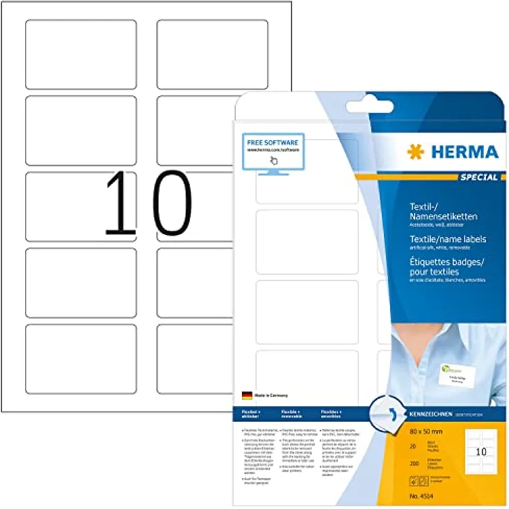 HERMA 4514 Namensetiketten ablösbar, 20 Blatt, 80 x 50 mm, 10 Stück pro A4 Bogen, 200 Aufkleber, selbstklebend, bedruckbar, rückstandsfrei abziehbare Namensaufkleber aus Acetatseide, weiß - Preisvergleich – Bild 1