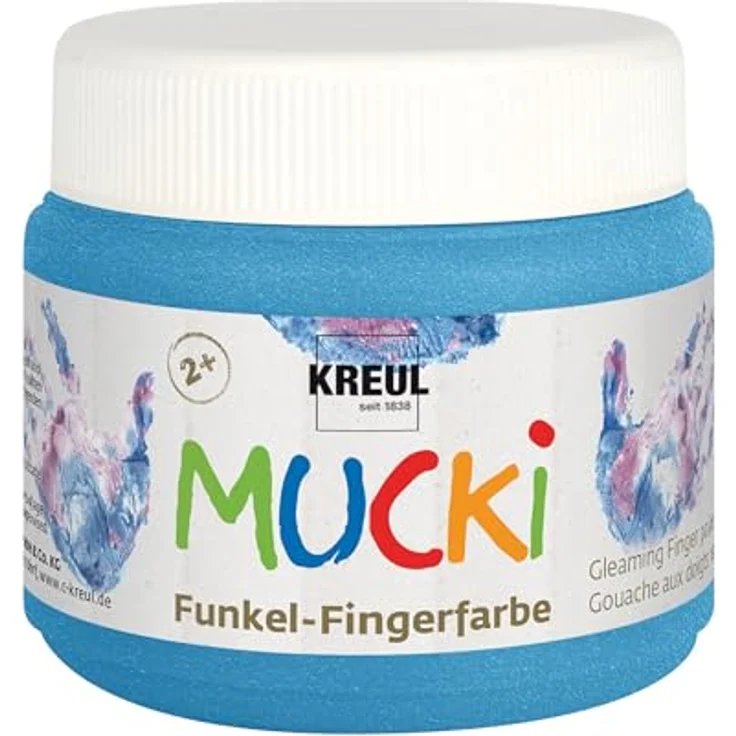 KREUL MUCKI Funkel Fingerfarben, 6 Glitzerfarben in Diamanten-Blau, Zauber-Lila, Feenstaub-Rosa, Drachen-Silber, Smaragd-Grün, Goldschatz, vegan, gut auswaschbar – Bild 4