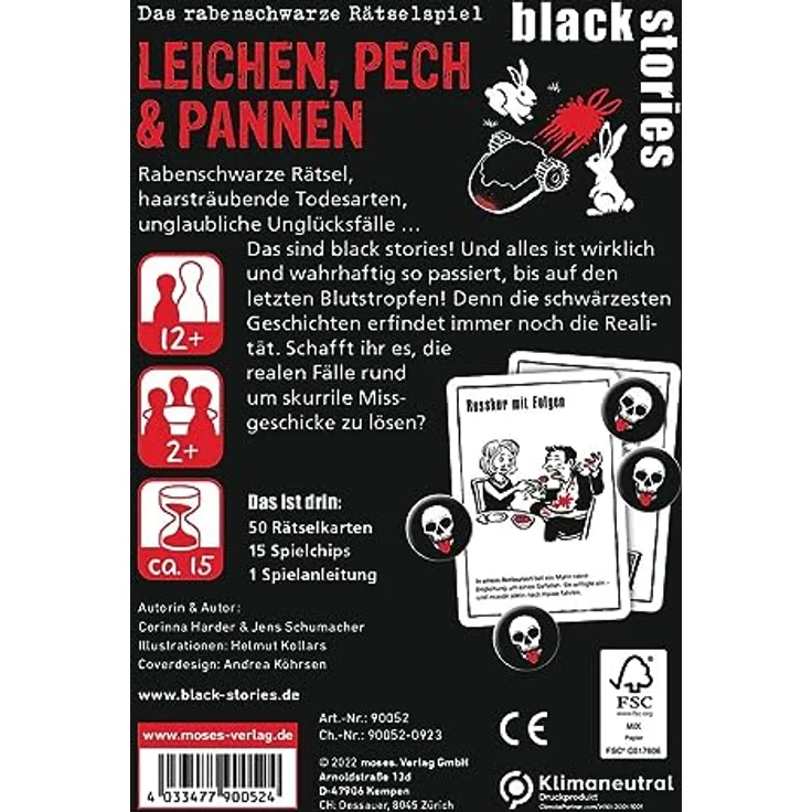 moses. black stories Leichen, Pech & Pannen - Krimi Kartenspiel mit Spielvariante und Punktechips, handliches Rätselspiel für Jugendliche und Erwachsene – Bild 3