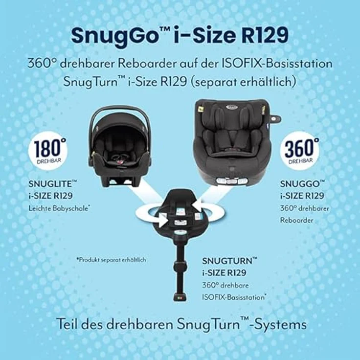 Graco Reboarder-Kindersitz SnugGo i-Size R129 inkl. Sitzverkleinerer - Midnight, 360° drehbarer Kindersitz mit i-Size R129 Sicherheitsstandard – Bild 4