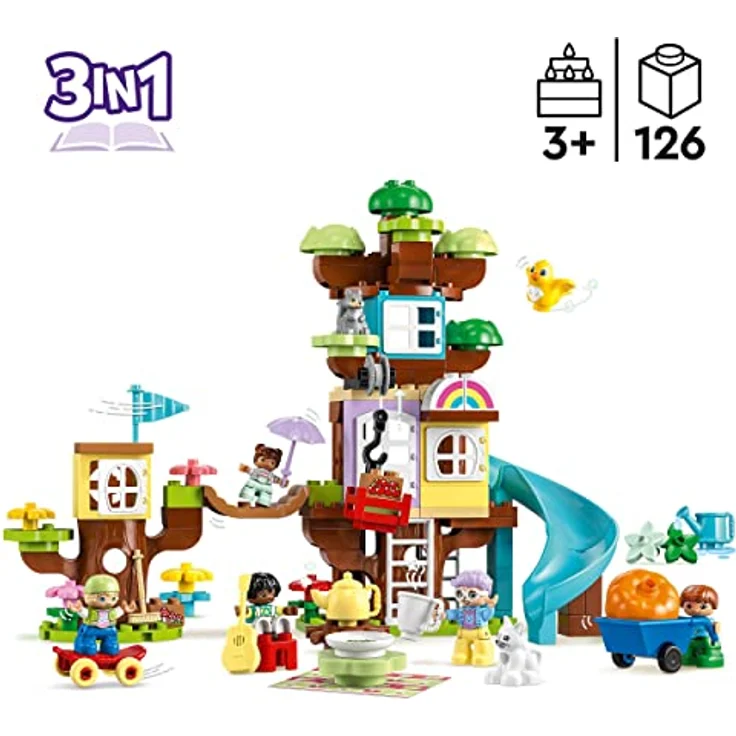LEGO 10993 DUPLO 3-in-1 Baumhaus Spielzeug für Kleinkinder ab 3 Jahren, Mädchen und Jungen mit 4 Figuren, Tieren, Konstruktionsspielzeug mit Bausteinen und Einer Rutsche, Lernspielzeug – Bild 2