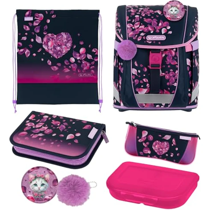Herlitz Schulranzen FiloActive Plus Blossom Dance Kitten, 6-teiliges Set in schwarz-pink-lila mit ergonomischem Rückensystem und wasserabweisender Imprägnierung – Bild 1