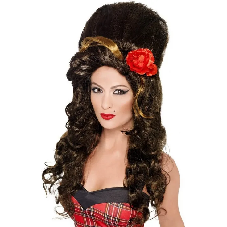 "Smiffys Kostüm-Perücke 50er Jahre Perücke - Beehive Langhaar Perücke in Braun mit blonder Strähne und roter Blüte, Stilechtes Accessoire à la Amy Winehouse"