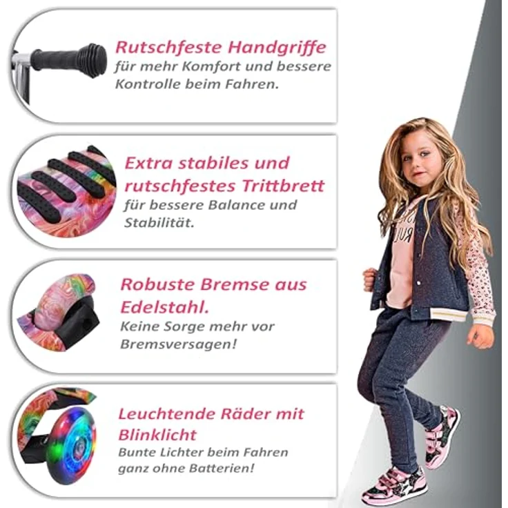 Habib Gruppe Kinderroller, 3-Räder Kinderscooter mit LED-Rädern, Höhenverstellung, rutschfester Plattform, für Jungen & Mädchen 3-8 Jahre, Max. 50 KG – Bild 4