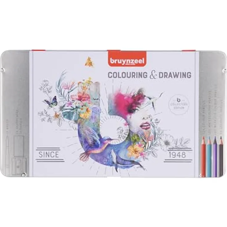 Bruynzeel Malset 70 Teile, 32 Buntstifte, 18 Aquarellstifte, 12 Metallic-Stifte, 4 Graphitbleistifte, Pinsel, Anspitzer & Radiergummi, wiederverwendbares Aufbewahrungsetui