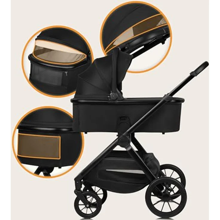 Lionelo Layla 3-in-1, Kinderwagen in Black Onyx mit Babywanne, Autohalterung und Adac-zertifiziertem Kindersitz – Bild 7