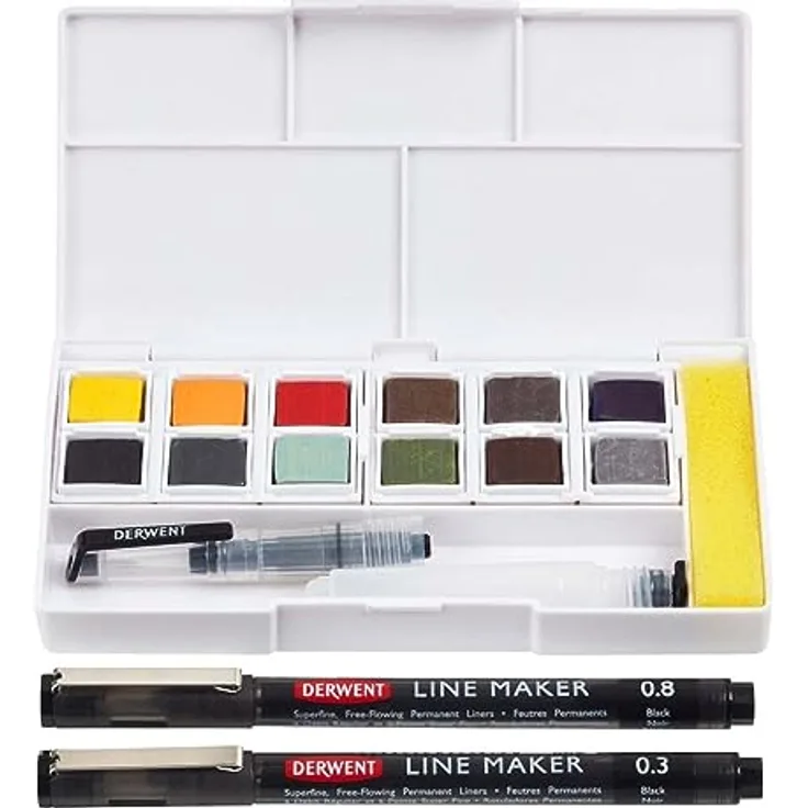 Derwent Line and Wash Farb-Set, Set mit 12 Farbtöpfchen, 2 Fineliner-Stiften, 5 Mischpaletten und Schwamm, tragbares Set für Aquarell- und Mischtechnik