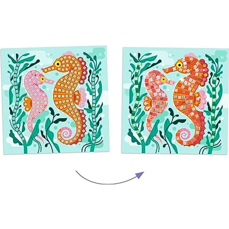 DJECO Kreativset Bastelpackung Mosaike Karibik Meerestiere, 4 illustrierte Vorlagen mit bunten Metallic-Mosaiksteinen, ab 5 Jahre – Bild 2