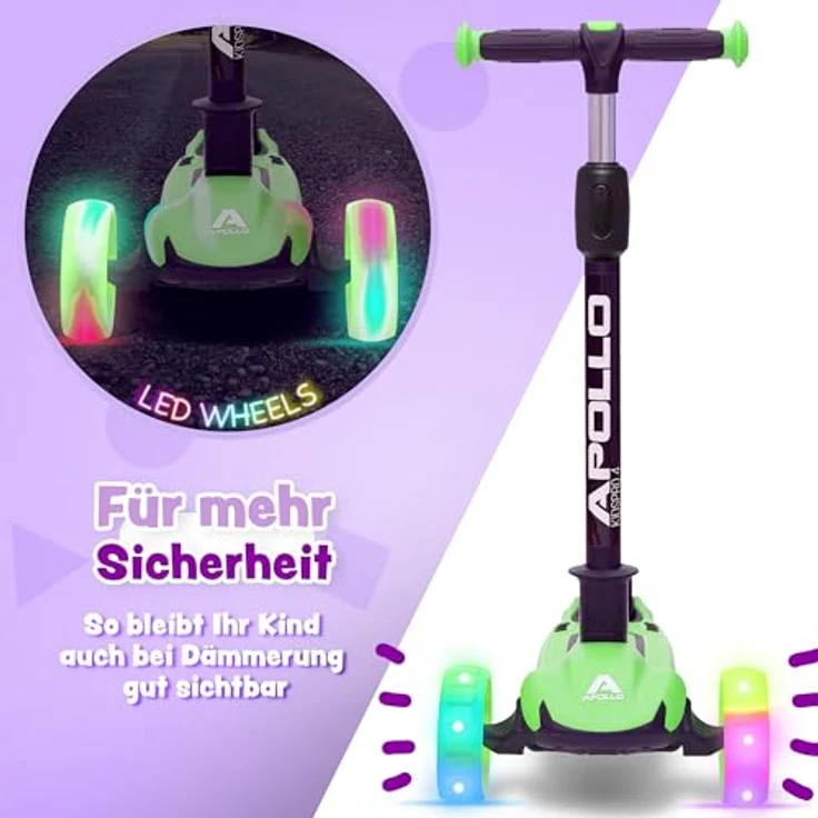 Apollo Kinderscooter KidsPro4 LED Roller -Grün, höhenverstellbar, mit leuchtenden LED-Rollen, belastbar bis 60 kg – Bild 4