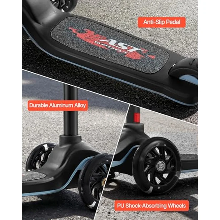 VEVOR Kinderroller (3 Räder) mit leuchtenden 5-Zoll-Rädern, höhenverstellbarem Lenker (28-31,5 Zoll), rutschfestem Deck und leichtem Aluminiumrahmen, Schwarz, bis 75 kg – Bild 5