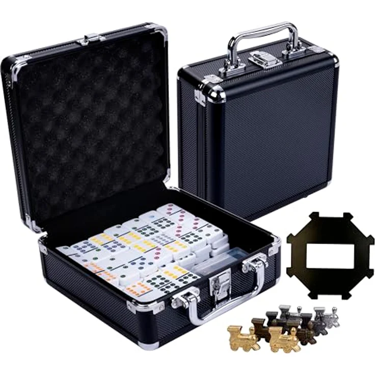 Engelhart Domino Zug D12, mexikanisches Legespiel mit 91 Dominosteinen, 8 Metall-Lokomotiven und Aluminiumkoffer für 2 bis 8 Spieler – Bild 1