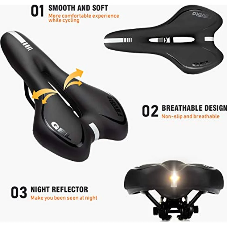 Favoto Fahrradsattel Universal Gel MTB Sattel Fahrradsitz Hohl Ergonomisch Tourensattel Atmungsaktiv für Herren Damen Rennrad Mountainbike mit Sitzbezug Schraubenschlüssel 2 Reflektierende Bänder – Bild 2