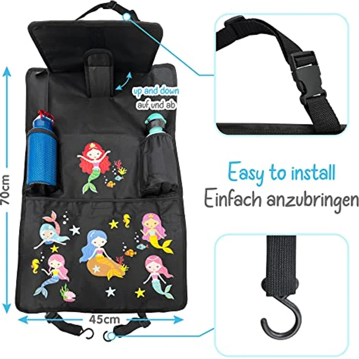 HECKBO 1x Kinder Auto Rückenlehnenschutz Organizer mit verstellbarer Tablet Tasche mit Touch Folie für bis 20" – Meerjungfrau Motiv - universal - 70x45cm – inkl. Thermotasche + Stretch-Netztasche – Bild 4