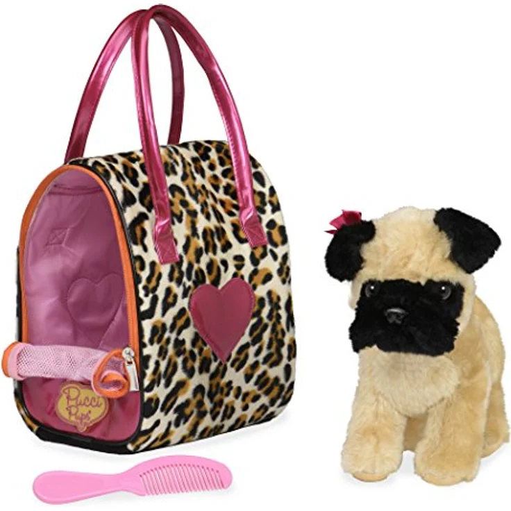 Pucci Pups Mops Kuscheltier Hund in Handtasche mit Zubehör – Plüschtier Welpe in Leopardenmuster Tasche – Spielzeug für Kinder ab 2 Jahre – Bild 1