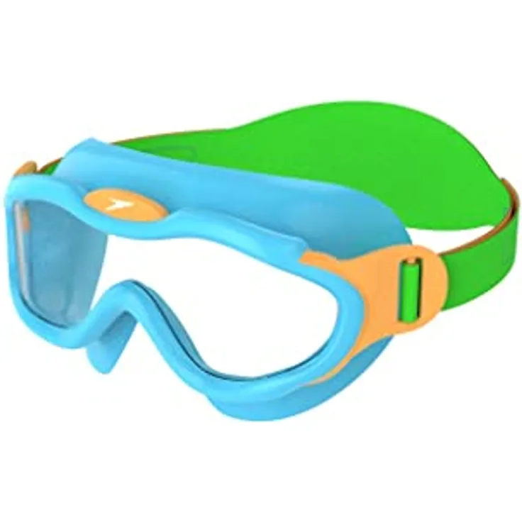 Speedo Biofuse Sea Squad Schwimmmaske, Unisex Kinder mit UV-Schutz, Anti-Beschlag, verstellbarer Passform, Azure Blue/Fluro Green/Fluro Orange, Einheitsgröße