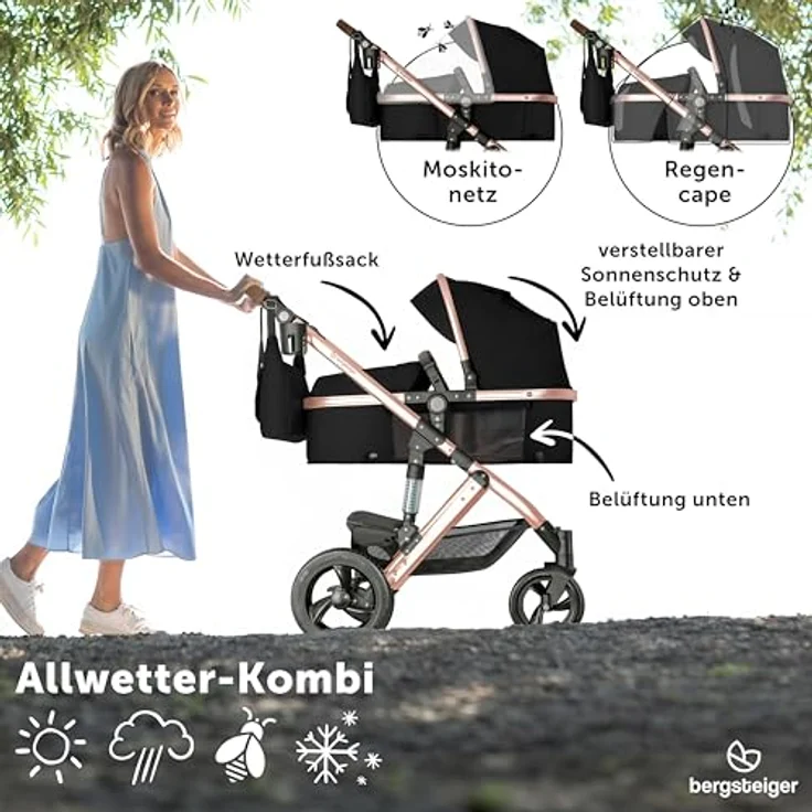 Bergsteiger Nizza 3 in 1 Kinderwagen, Kombikinderwagen Komplettset, inklusive Babywanne & Buggy Sportsitz, optional mit Auto-Babyschale & Isofix Station - Bergsteiger Nizza Kinderwagen Set, grau – Bild 5