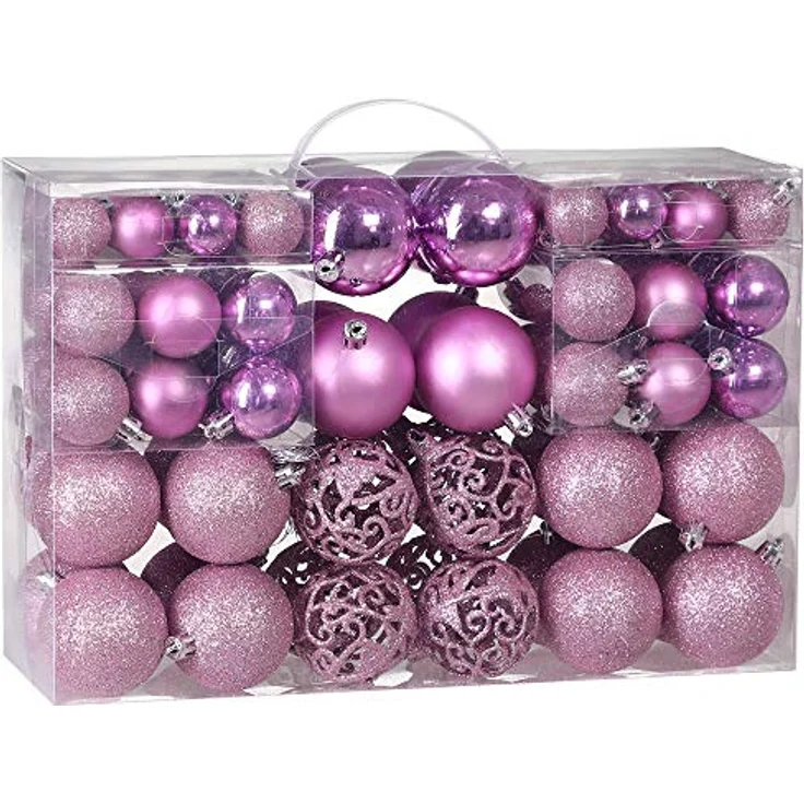 DEUBA® Weihnachtskugeln 100tlg Ø 3-6cm Kunststoff matt glänzend Christbaumkugeln Christbaumschmuck Anhänger Weihnachtsbaumkugeln Weihnachtsdeko Rosa – Bild 1