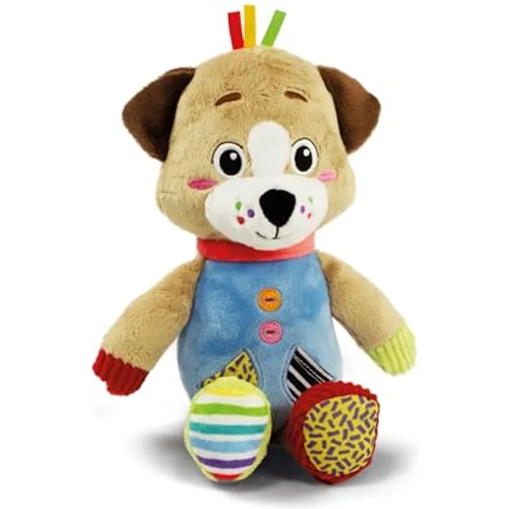 Clementoni Plüschtier Hund Pete The Puppy für Neugeborene, Baby for You, maschinenwaschbar, 17905 - Spielzeug für die erste Kindheit, bunte Muster, 100% Polyester, weiches Plüschtier