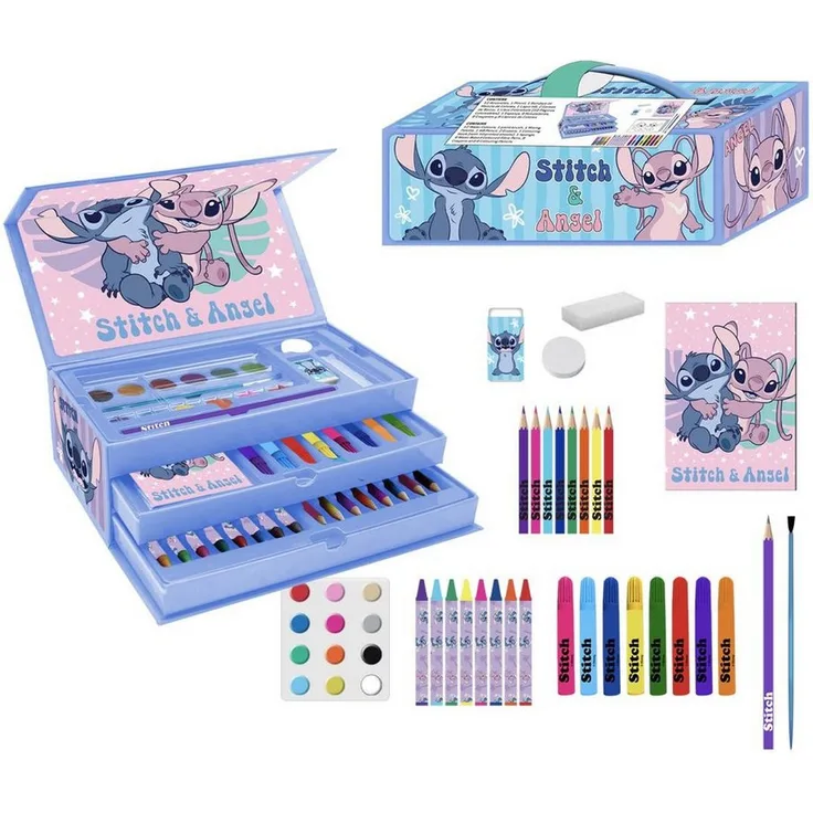 Cerda Disney Stitch Mal- und Zeichenkoffer, Kreativset mit Farbstiften, Radierer und Lineal, kompakt und leicht